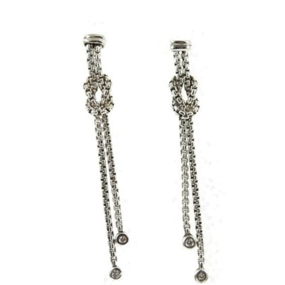 David Yurman Sterling Silver 18K White Gold Box Chain Knot Diamond Drop Earrings